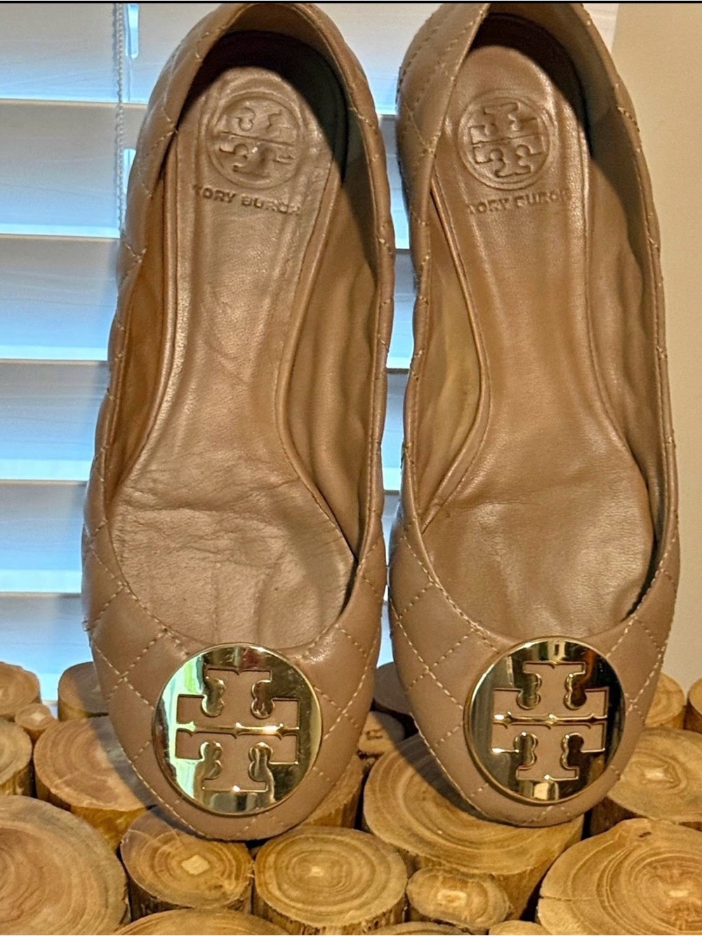 Tory Burch Quilted Taupe Leather Logo Ballet Flats